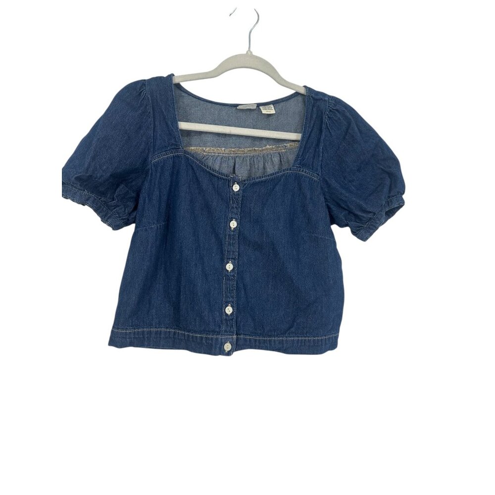 💙 Levi’s Dark Wash Denim Puff Sleeve Crop Blouse Small 💙 - Picture 2 of 8